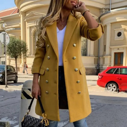 Stevvex mustard yellow long faux wool coat with double-breasted collar and silver-tone buttons on Tampa Home & Garden Store