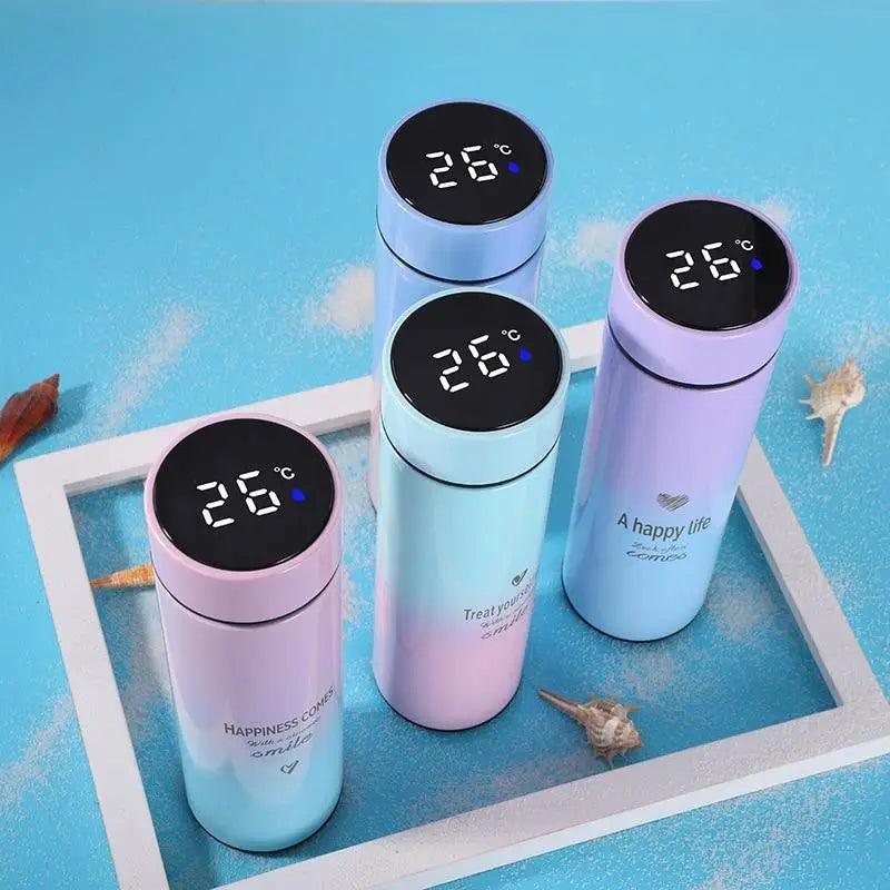 Stevvex 500ml thermos water bottle of four with LED temperature display in pastel blue pink on Tampa Home & Garden Store
