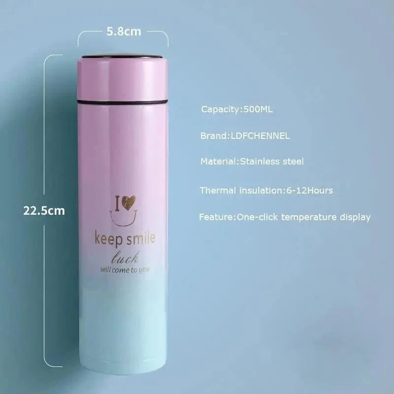 Smart stainless steel 500ml thermos bottle with LED temperature display in pink gradient finish on Tampa Home & Garden Store