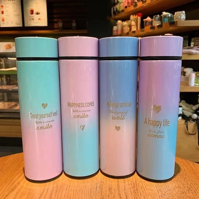 500ML smart thermos bottles, gradient stainless steel with black lids on a table on Tampa Home & Garden Store