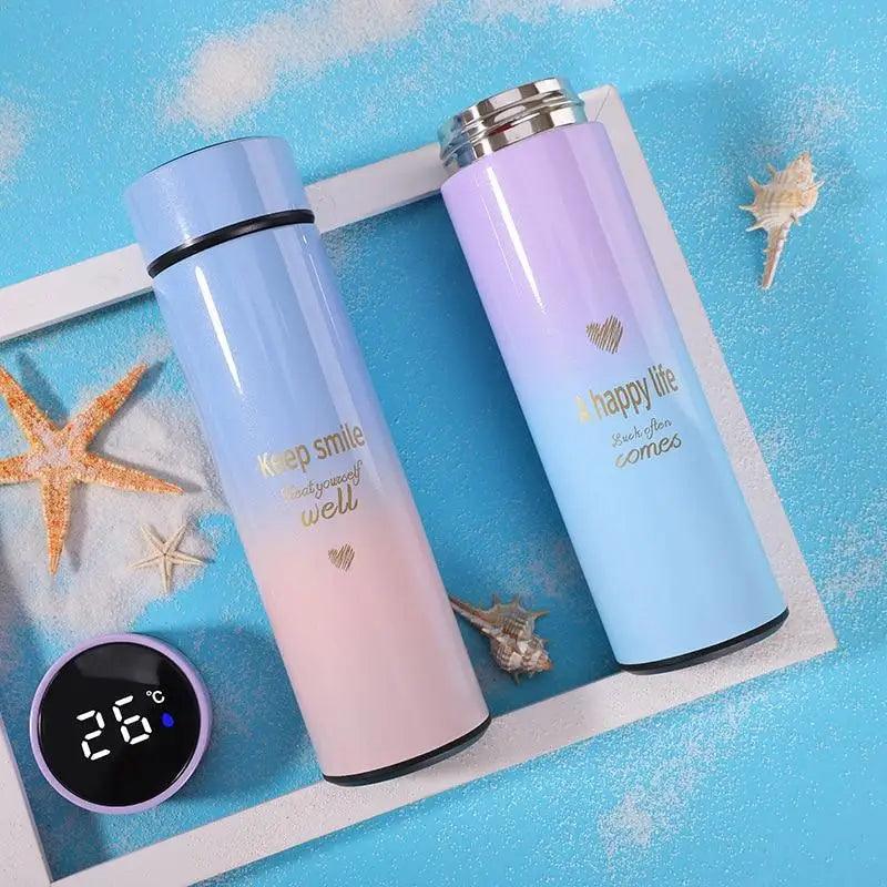 500ml Stevvex smart thermos water bottles with LED temp display in pink-blue gradient (2-pack) on Tampa Home & Garden Store