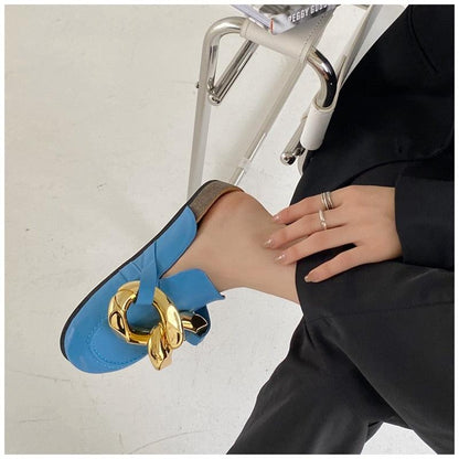 Stevvex blue closed-toe mule sandal with gold chain ornament on Tampa Home & Garden Store