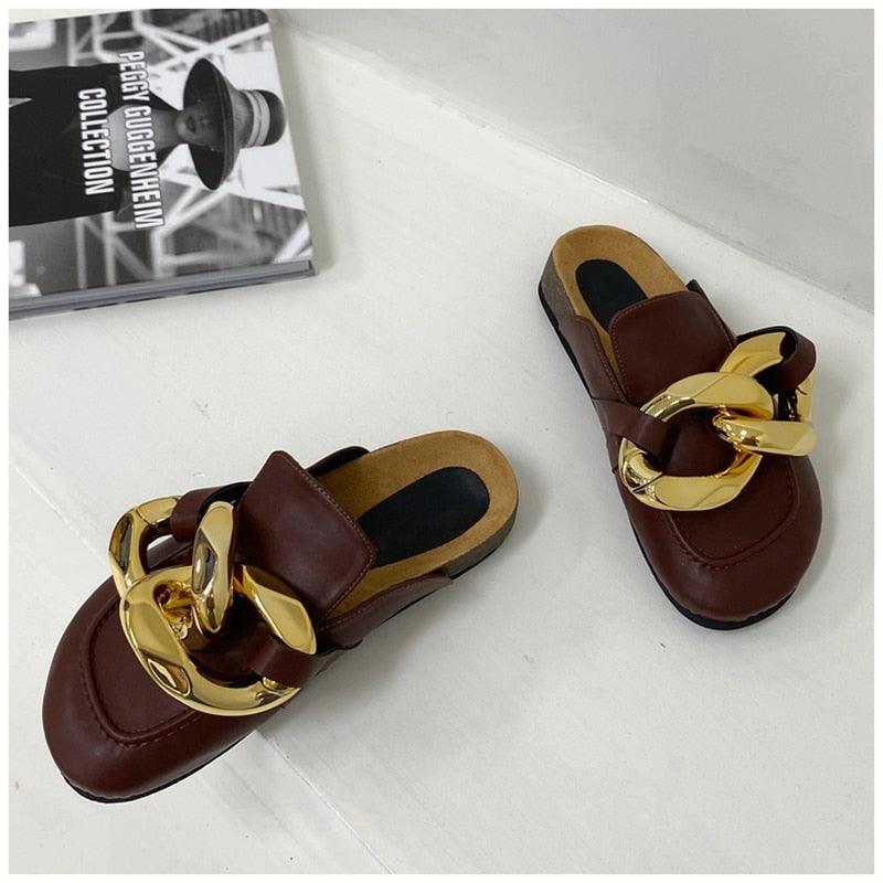 Stevvex brown leather mule sandals with gold chain hardware, closed-toe slip-ons pair on Tampa Home & Garden Store