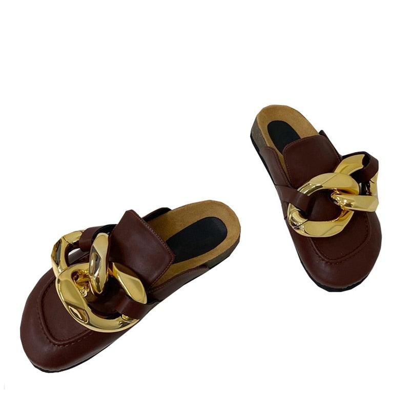 Stevvex brown leather sandals pair with chunky gold chain ornament, closed-toe slip-on mules on Tampa Home & Garden Store