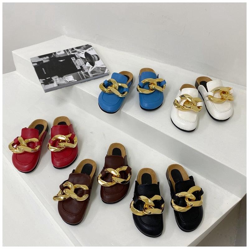 Stevvex gold chain sandals collection in blue white red brown black on Tampa Home & Garden Store