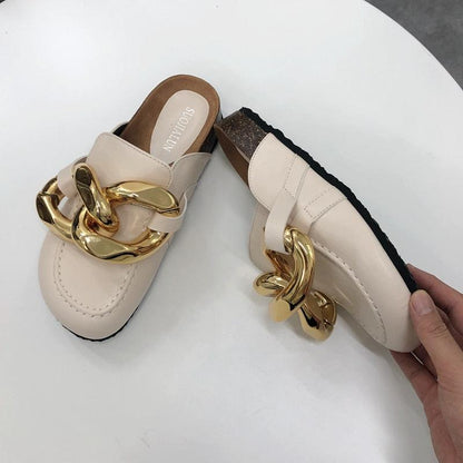 Stevvex beige slip-on sandals with bold gold chain, round toe, low heel pair on Tampa Home & Garden Store