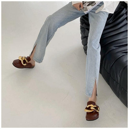 Mule sandals brown leather with gold chain ornament by Stevvex, closed-toe slip-on on Tampa Home & Garden Store