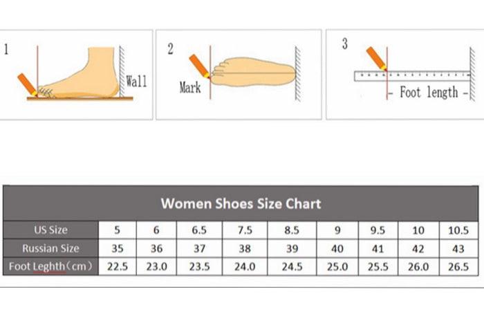 Stevvex women's sandals size chart with footlength ruler and measurement steps US/Russian sizes on Tampa Home & Garden Store