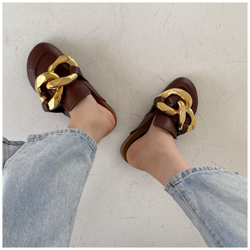 Stevvex brown sandals with bold gold chain accents, closed-toe slip-on mules (2 pairs) on Tampa Home & Garden Store