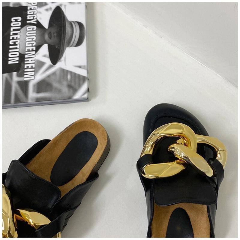 Stevvex black slip-on sandals pair with gold chain ornament, closed-toe mule with flat sole on Tampa Home & Garden Store