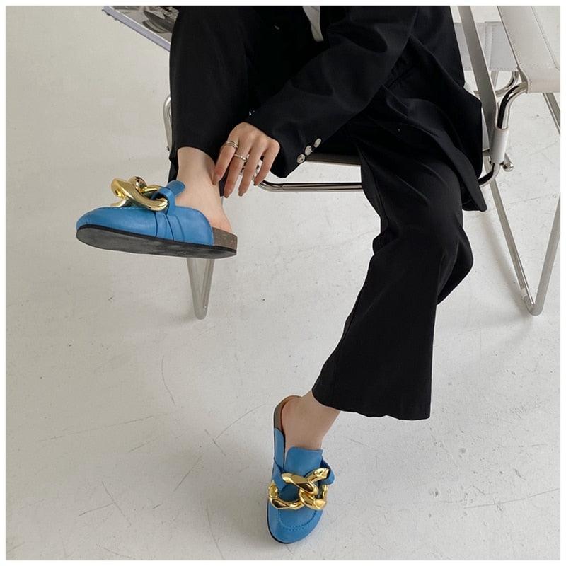 Stevvex blue chain slipper mule with gold chain detail, closed-toe slip-on flat sandal on Tampa Home & Garden Store