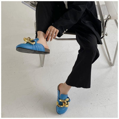 Stevvex blue chain slipper mule with gold chain detail, closed-toe slip-on flat sandal on Tampa Home & Garden Store