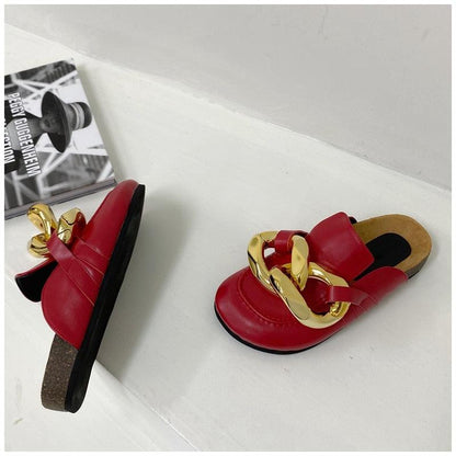 Stevvex red sandals with oversized gold chain embellishment, closed-toe slip-on mules on Tampa Home & Garden Store