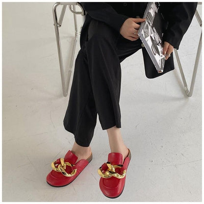 Stevvex red closed-toe slip-on mule with chunky gold chain ornament, women's sandals on Tampa Home & Garden Store