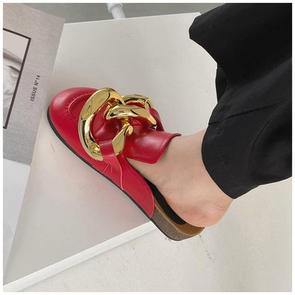 Stevvex red closed-toe chain-embellished slip-on sandal with gold hardware on Tampa Home & Garden Store