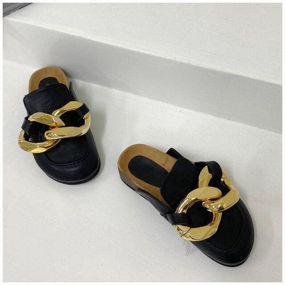 Stevvex black gold-chain mule sandals with chunky gold strap, pair of slip-on slides on Tampa Home & Garden Store