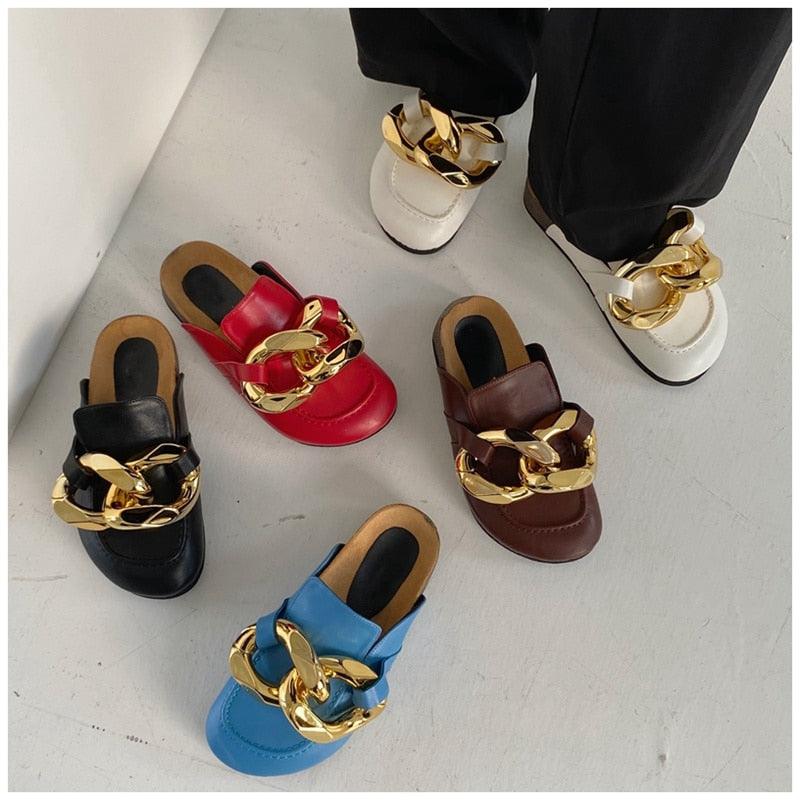 Gold chain strap flat sandals for women in black red blue brown white 6-color display on Tampa Home & Garden Store