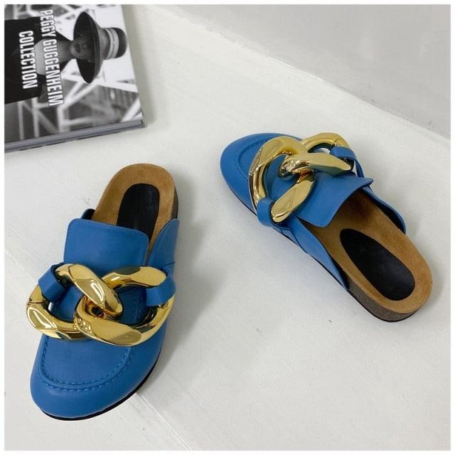 Stevvex blue closed-toe slip-on sandals with chunky gold chain accent two sandals shown on Tampa Home & Garden Store