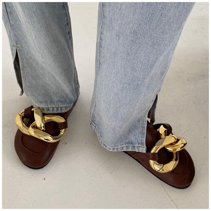 Stevvex brown leather sandals with gold chain ornament, closed-toe slip-on mule style on Tampa Home & Garden Store