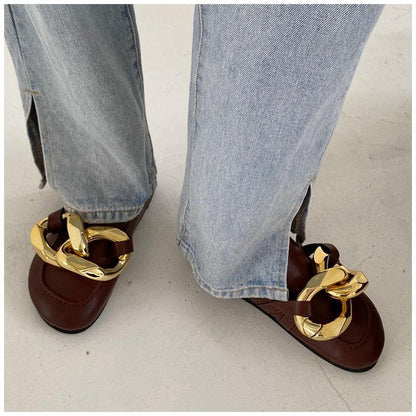 Stevvex brown leather sandals with gold chain ornament, closed-toe slip-on mule style on Tampa Home & Garden Store