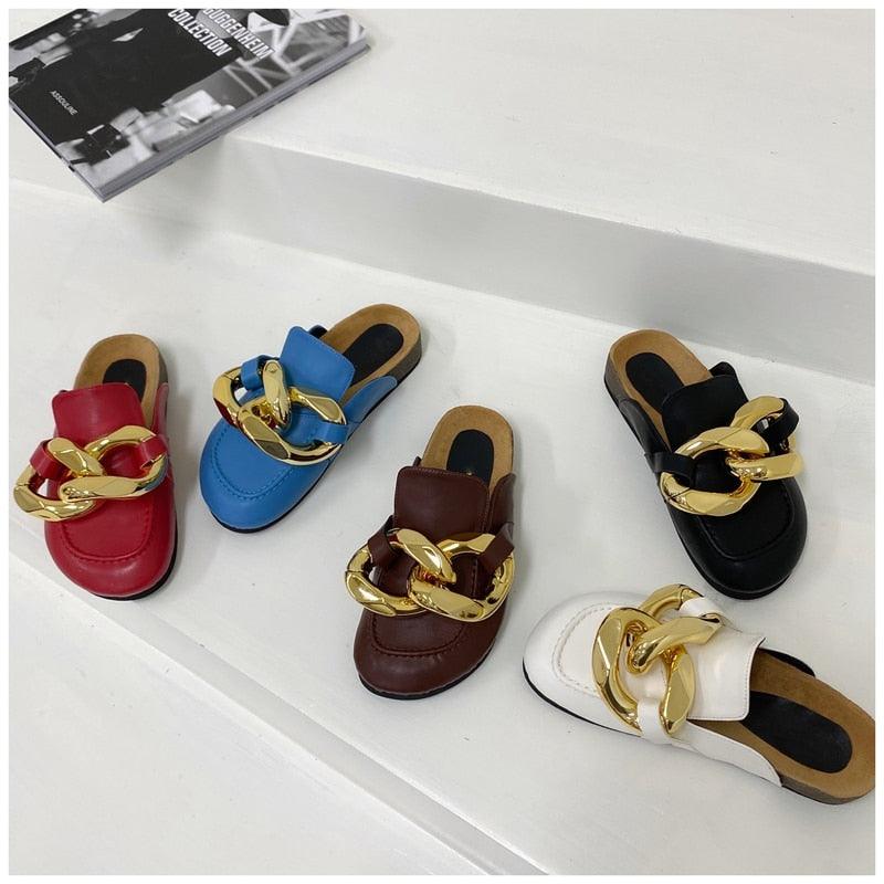 Stevvex women's gold chain slip-on sandals with closed toes in red blue brown black white on Tampa Home & Garden Store