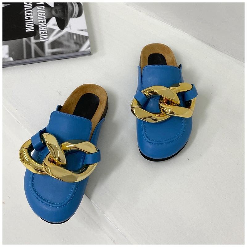 Stevvex blue chain-mule sandals pair with gold chain, closed-toe slip-on casual slides on Tampa Home & Garden Store