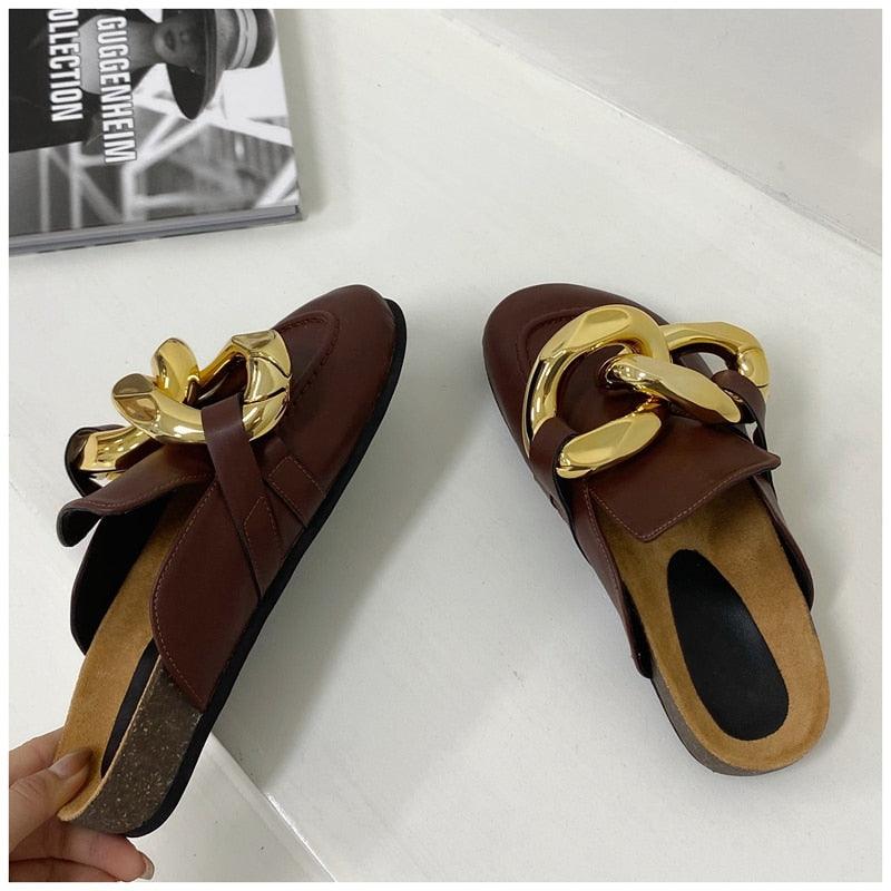 Pair of Stevvex brown leather sandals with gold chain ornament, closed-toe slip-on mule on Tampa Home & Garden Store