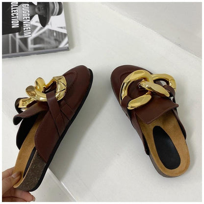 Pair of Stevvex brown leather sandals with gold chain ornament, closed-toe slip-on mule on Tampa Home & Garden Store