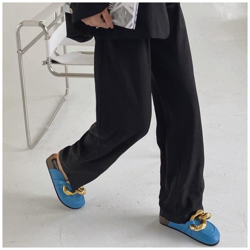 Stevvex blue slip-on mule pair with gold-tone chain embellishment, closed toe, flat sole on Tampa Home & Garden Store