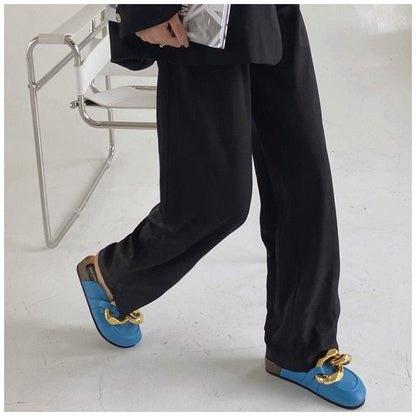 Stevvex blue slip-on mule pair with gold-tone chain embellishment, closed toe, flat sole on Tampa Home & Garden Store