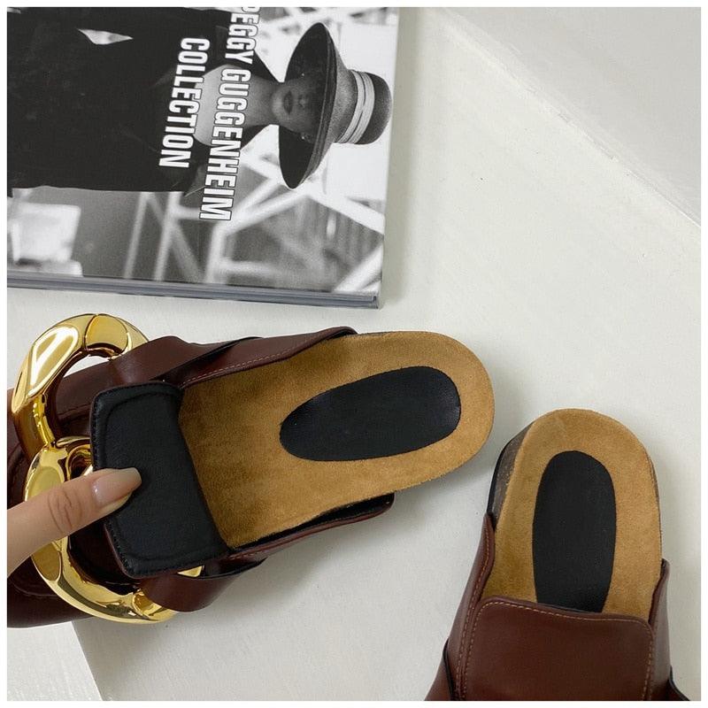 Stevvex brown leather slip-on sandals pair with gold chain detail and cushioned footbed on Tampa Home & Garden Store
