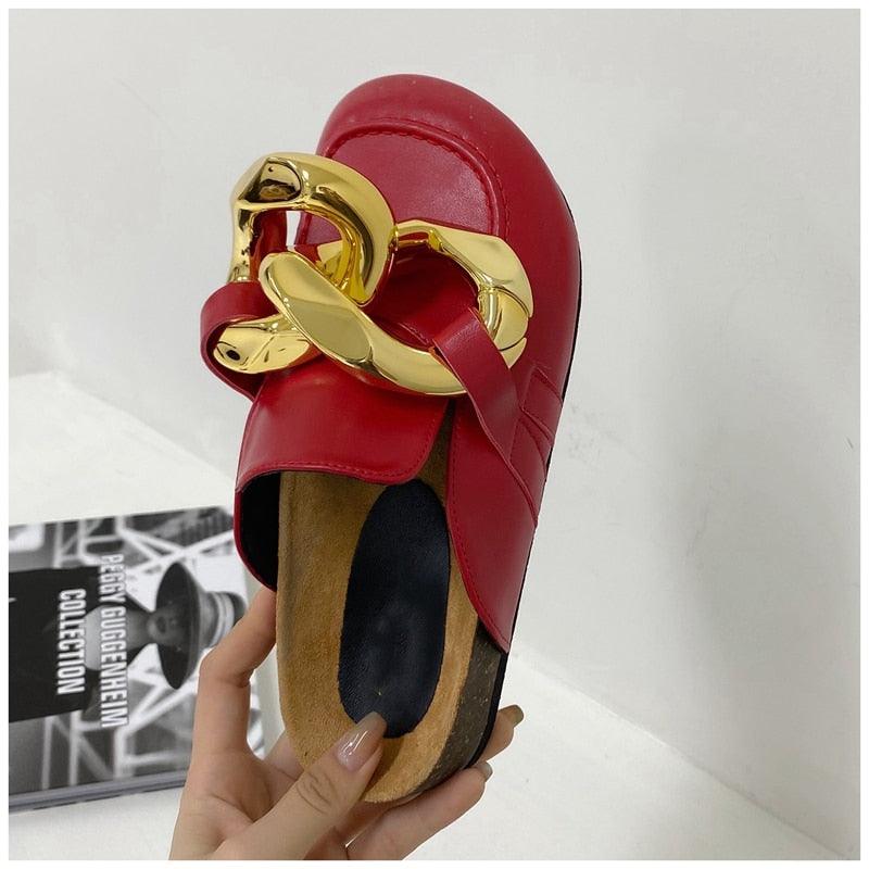 Stevvex red leather chain mule sandal with oversized gold chain ornament on Tampa Home & Garden Store