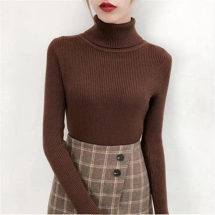 Stevvex brown ribbed knit turtleneck sweater, long sleeve women's casual top on Tampa Home & Garden Store