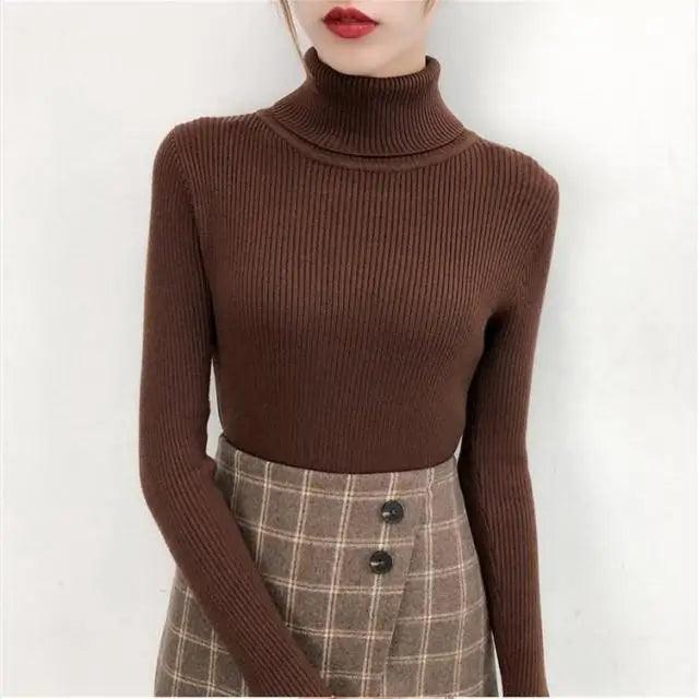 Knitted turtleneck sweater brown ribbed knit for women, long sleeves Stevvex on Tampa Home & Garden Store