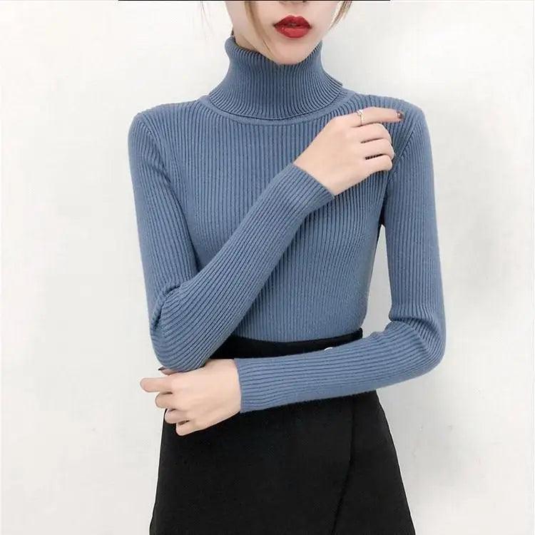 Stevvex blue ribbed knit turtleneck sweater for women, long sleeve slim fit on Tampa Home & Garden Store