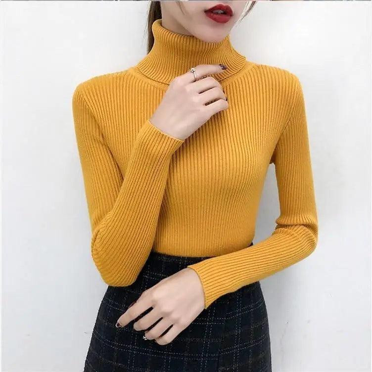 Stevvex women's mustard yellow ribbed knit turtleneck sweater ST93303OCP, long sleeve on Tampa Home & Garden Store