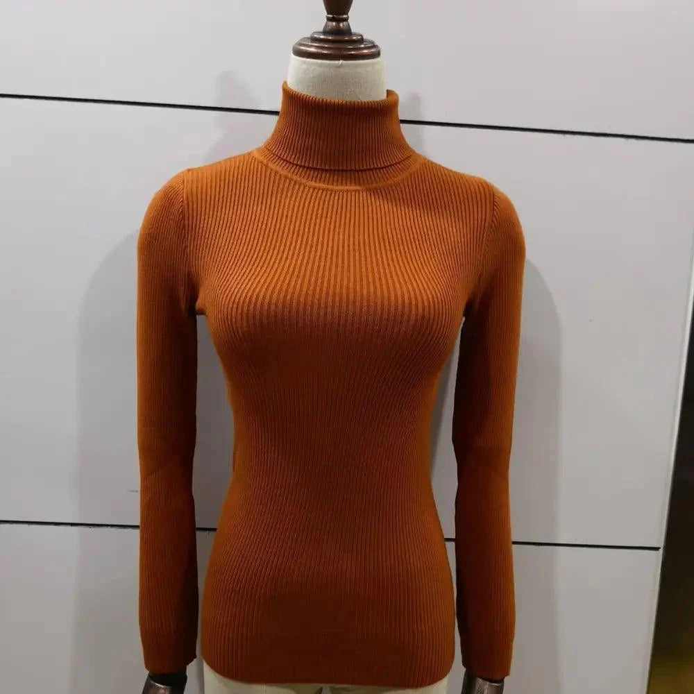 Stevvex orange ribbed knit turtleneck sweater for women, long sleeves on mannequin on Tampa Home & Garden Store