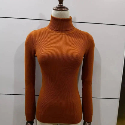 Stevvex orange ribbed knit turtleneck sweater for women, long sleeves on mannequin on Tampa Home & Garden Store