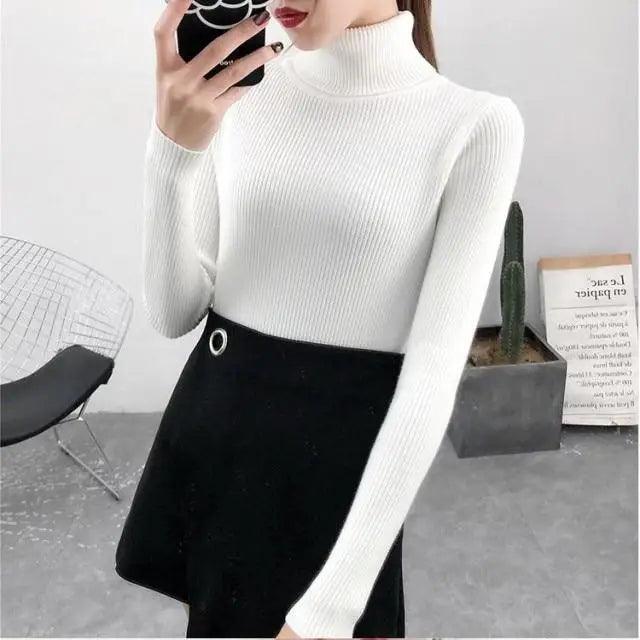 Turtleneck sweater Stevvex, white ribbed knit long sleeve top with black skirt on Tampa Home & Garden Store
