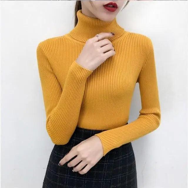 Stevvex mustard yellow ribbed knit turtleneck sweater for women, long sleeve, fitted on Tampa Home & Garden Store