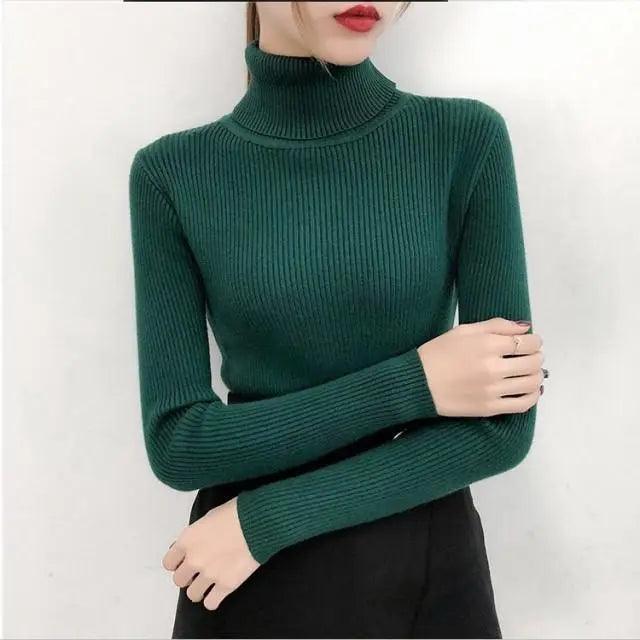 Stevvex green ribbed knit turtleneck sweater with long sleeves ST93303OCP on Tampa Home & Garden Store
