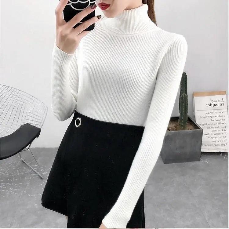 White ribbed turtleneck knit sweater for women with long sleeves Stevvex on Tampa Home & Garden Store