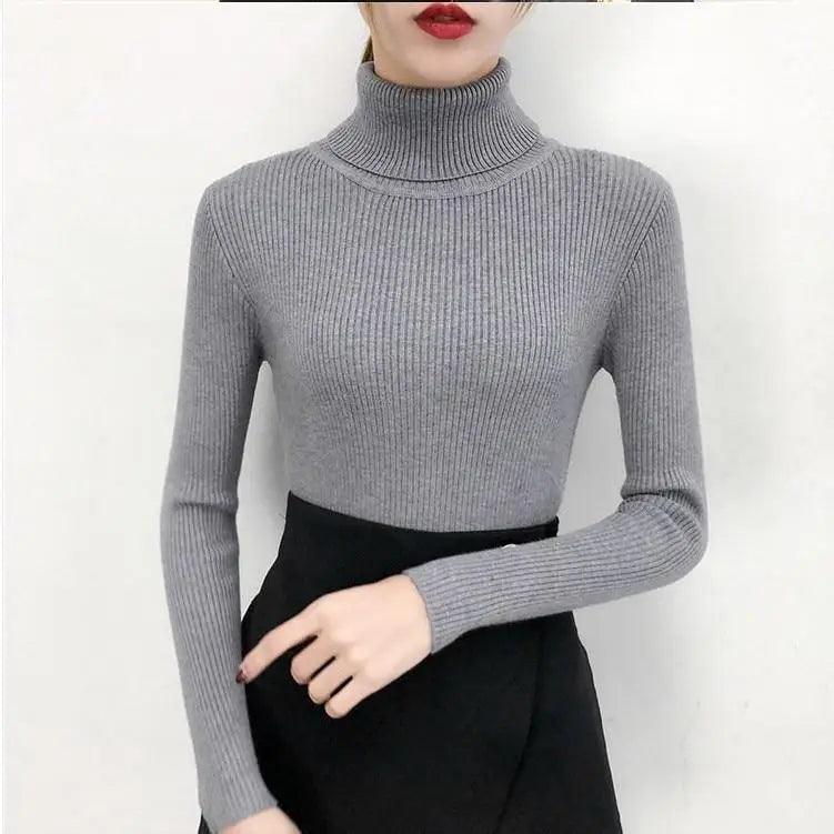 Stevvex grey ribbed turtleneck knit sweater for women, long sleeve slim fit on Tampa Home & Garden Store