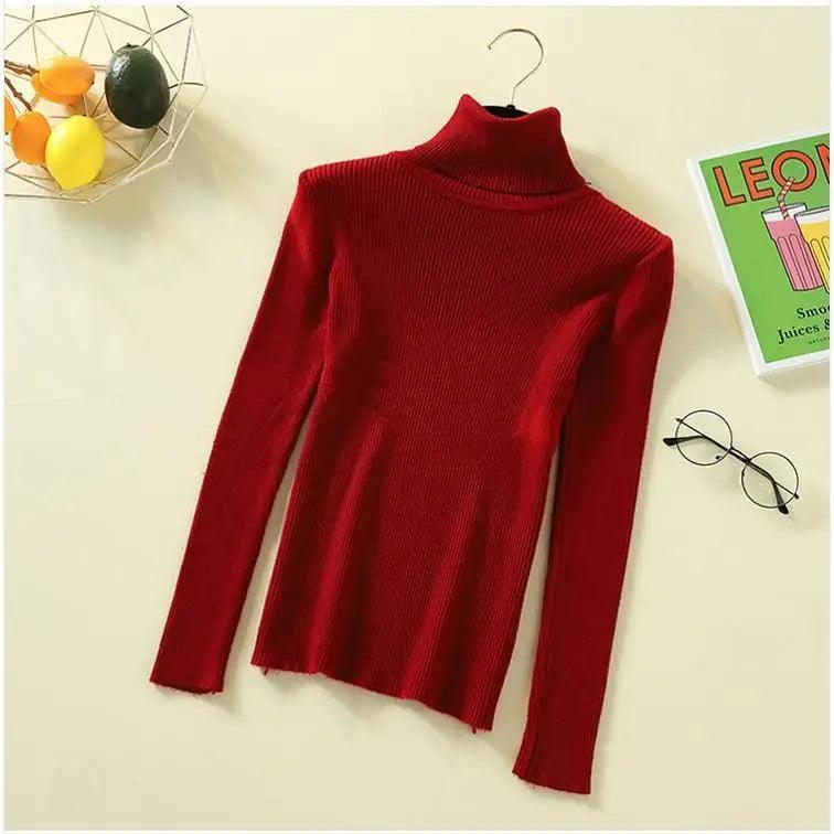 Stevvex red knitted turtleneck sweater, long sleeve women's top on Tampa Home & Garden Store