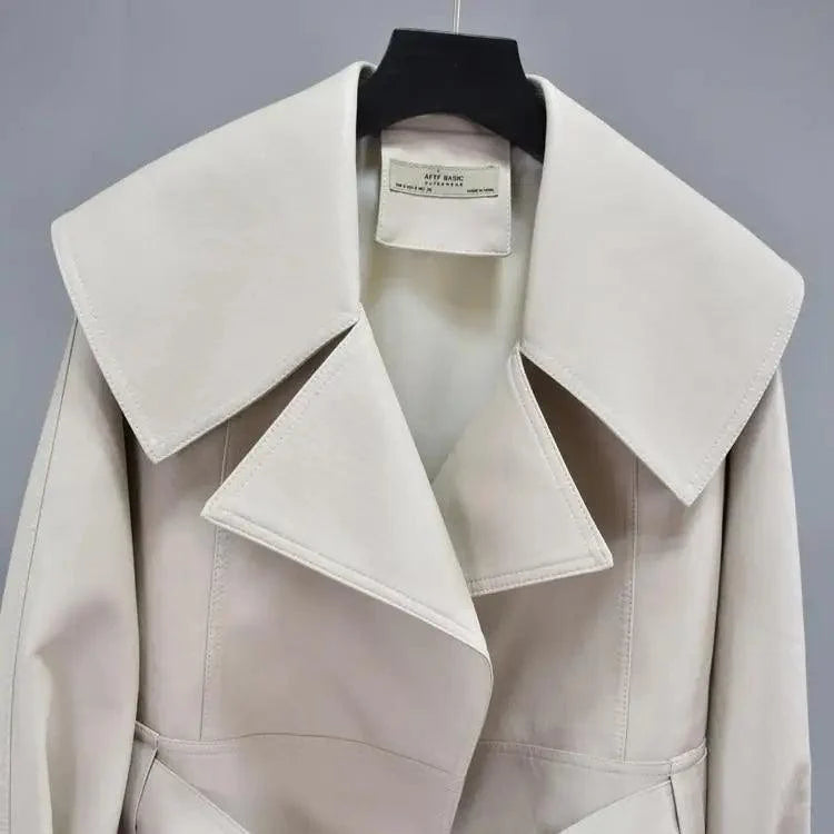 Stevvex beige PU leather motorcycle outerwear short coat with oversized lapels belt on Tampa Home & Garden Store