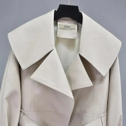 Stevvex beige PU leather motorcycle outerwear short coat with oversized lapels belt on Tampa Home & Garden Store