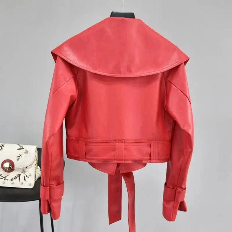 Red PU leather motorcycle jacket back view with wide turn-down collar and waist belt on Tampa Home & Garden Store