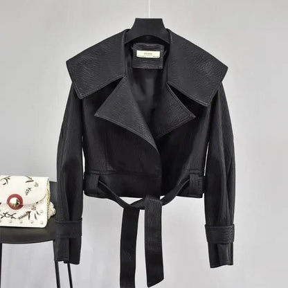Stevvex ST93344BLK PU leather motorcycle jacket with wide lapels and belt on Tampa Home & Garden Store