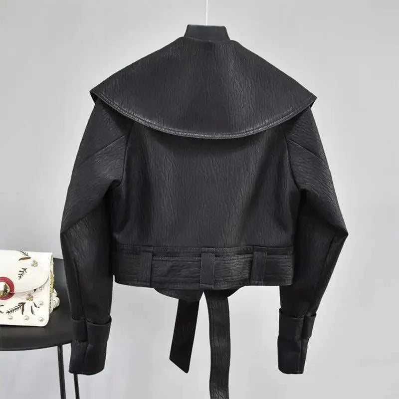 Stevvex black PU leather motorcycle jacket back view with wide collar and waist belt on Tampa Home & Garden Store