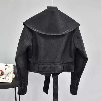 Stevvex black PU leather motorcycle jacket back view with wide collar and waist belt on Tampa Home & Garden Store